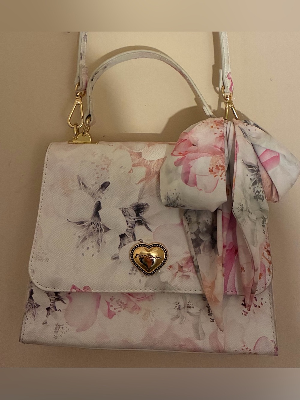 Betsey Johnson Floral Heart Satchel in White and Pink